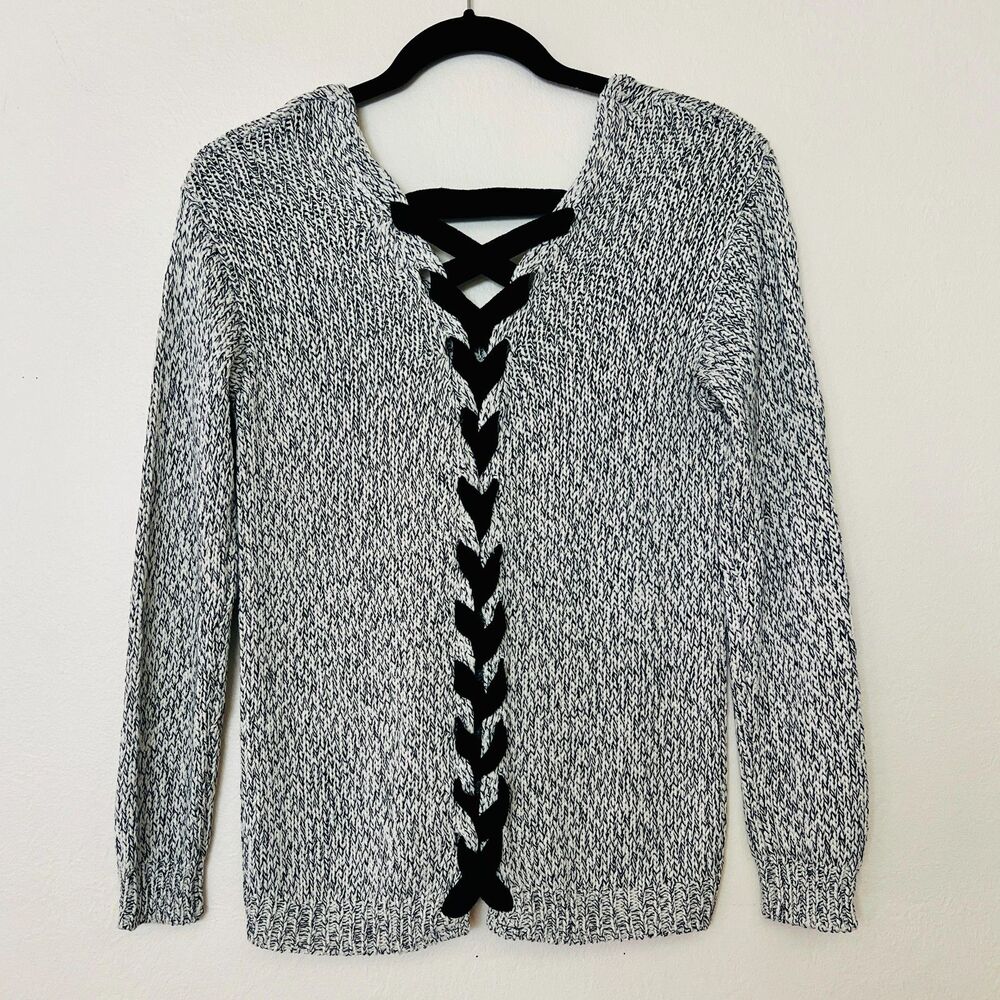 Harper Heritage Lace-Up Back Black & White Marled Knit Sweater Size Small